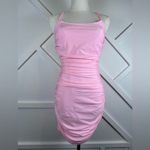 NWOT Lulus Confident Allure Light Pink Ruched Lace-Up Bodycon Mini Dress Small - Picture 2 of 12